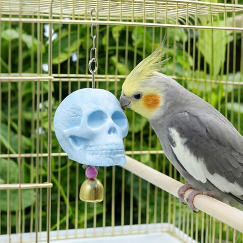 Skull Bird Toy - Natural Calcium Mineral Beak Grinder with Jingle Bell - Small Bird Cage Accessory for Parakeets, Budgies, Cockatiels, Lovebirds, Finches