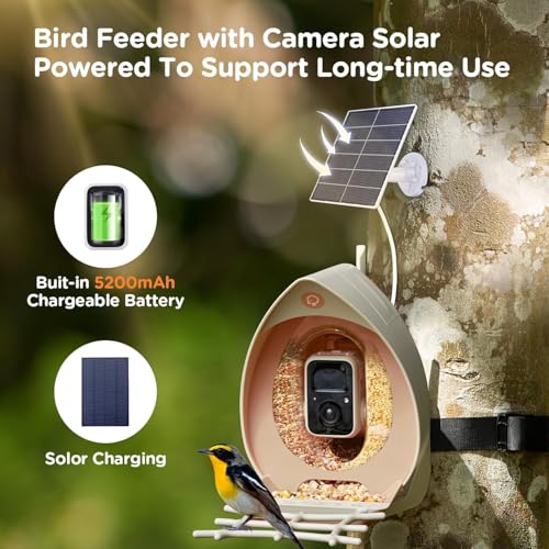Bird Feeder with Camera Solar Powered, Smart Birds Feeder for Outside, AI Bird Identification Auto Capture Videos Pictures, 2K Live Feed Cam for Backyard, Ideal Gift for Birds Lover (Brown) - color: Brown