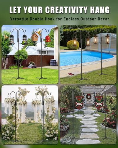 2 Pack 76 Inch Double Shepherds Hooks for Outdoor, Heavy Duty, 5 Prong Base | Shepherd hook set for bird feeders, Flower baskets, Lanterns, Nesting stations, Garden decor, Sturdy pole, Weather-resistant - size: 76IN 2PACK