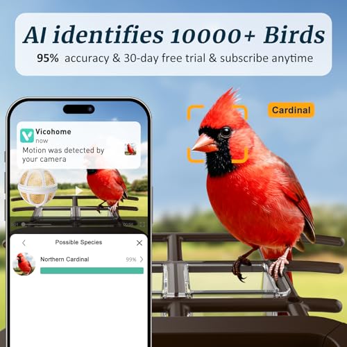 Bird Feeder with Camera Solar Powered, 2K HD Live Video Smart Bird Camera for Outdoors, Motion Detection with Instant Alerts, IP65 Waterproof, Bird Watching Gifts for Nature Lovers | AI Bird Recognition | Capture Birds in 2K HD | Built for Outdoors | Sola