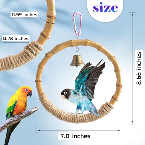 Bamboo Ring Bird Swing Perch,Large Circle Cage Hanging Toys,Bird Perch Climbing Toy Steady Natural Birds Hemp Rope Swings for Budgie,Cockatiels,Conures,Finches,Small Parakeets