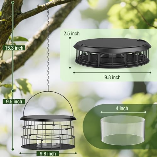 Hanging Bird Feeder, Metal Caged Squirrel Proof Bluebird Feeders Metal Mesh | All Metal, Cage Mealworm Bird Feeder with Tray, Squirrel Proof & Weatherproof, Easy to Refill & Clean