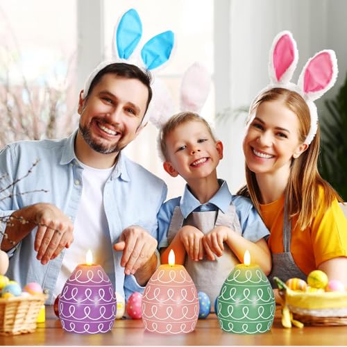 3PCS Easter Egg Flameless Candles – 5.2" Battery Operated LED Egg Candles with White Wave Pattern, Green Purple Pink Real Wax Finish, Flickering Flame for Easter Table Centerpiece Spring Home - color: purple, pink, green