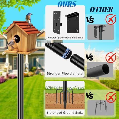 Ottsuls Bird Feeder Pole, 92 Inch Heavy Duty Bird House Pole Kit for Outdoors, with Wooden Board, 5-Prong Base Feeding Station for Wild Birds Watching, Adjustable Feeder Stand (House Not Included) - size: 92 IN-1Pack