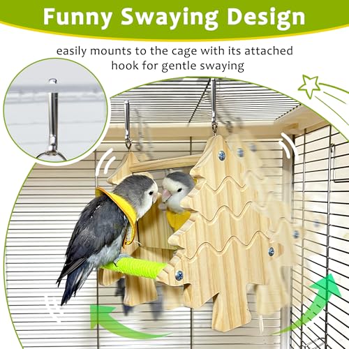 2-Sided HD Bird Mirror Toys, Cotton-Wrapped Parakeet Perches Swing | Kiln-Dried Wooden Frame Hanging Parrot Swing for Cages, No Sharp Edges, Safe Bird Toy for Budgies Lovebirds Cockatiels