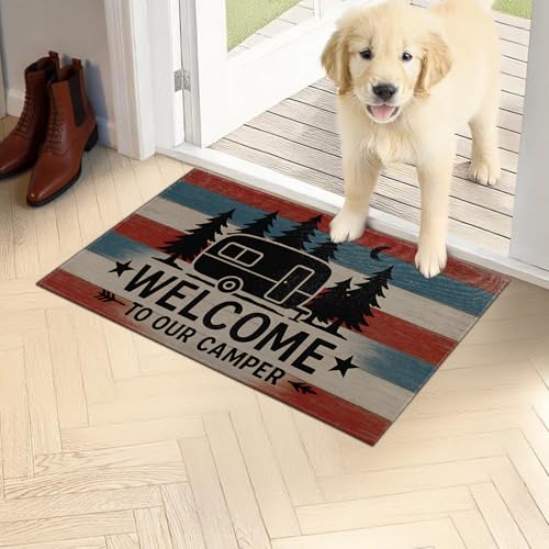 Camper Doormat 17x29.5 Inch, Rustic Striped Camper Van Indoor Door Mat, Funny Camping Non-Slip Welcome Rug Gifts for Living Room, Kitchen, Bedroom,Farmhouse Decor - color: Camper