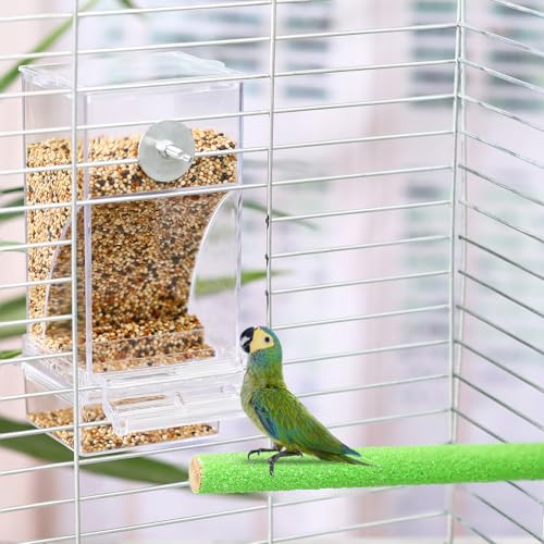 Novabright 7 Pcs No Mess Bird Feeder Water Dispenser Set Include Automatic Parakeet Feeder and Drinker with Bird Paw Grinding Stick Cage Accessories for Small Medium Cockatiel Lovebird(Classic,Clear) - color: Clear, style: Classic