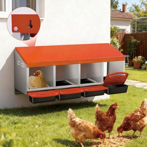  Chicken Nesting Box with Cleanable Pull Out Trays, 4 Hole Roll Away Nesting Box for Laying Hens, Wall Mount or Placed Design for Easy Egg Collection ﻿ - color: Orange, size: 4 Holes