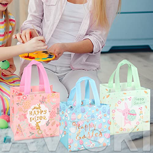 Aviski 12PCS Happy Easter Egg Hunt Bags Bunny Carrot Chick Egg Gift Bag with Handles, Easter Treat Bags, Non-Woven Gifts Wrapping, Spring Party Supplies - color: Foil Green Pink Blue Yellow