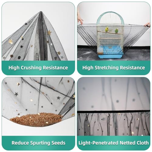 Bird Cage Seed Catcher, Seed Catcher Guard Net Cover, Parrot Nylon Mesh Net Cover, Universal Soft Airy Cage Net Stretchy Skirt for Round Square Cages (Star-Black, 15.7" x87") - color: Star-black, size: 15.7" x87"
