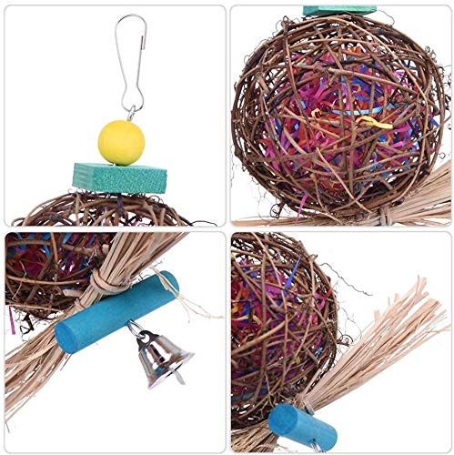 Litewoo Bird Chew Shredder Foraging Toy Natural Rattan Ball Preening Toy with Paper Strips Bell Toy for Parakeet Cockatiel Budgie Conure Lovebird Finch Canary African Grey Cage Accessories (1 PC)