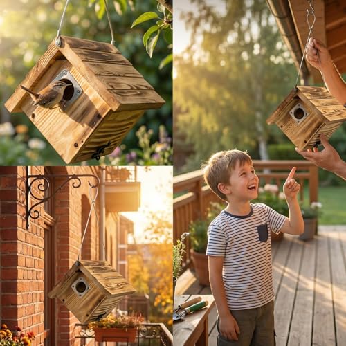 Wren Bird Houses for Outside, 4 Pack Wren House with Metal Predator Guard | Fully Assembled Wooden Hanging Birdhouse for Outdoors, Birds Nesting Box for Small Bird, Natural Wood
