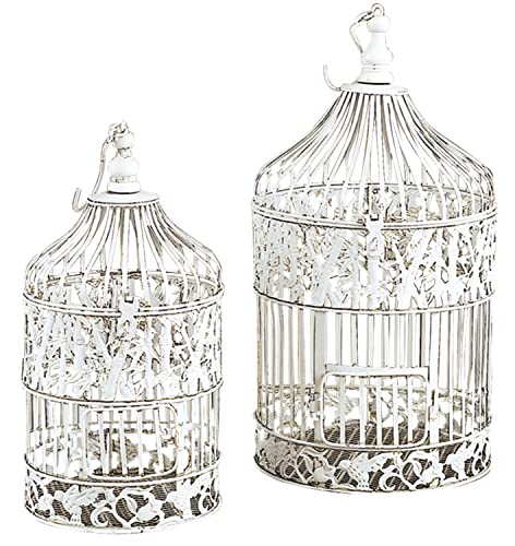 Deco 79 Metal Birdcage Indoor Outdoor Hinged Top with Latch Lock Closure and Hanging Hook, Set of 2 15", 18"H, White