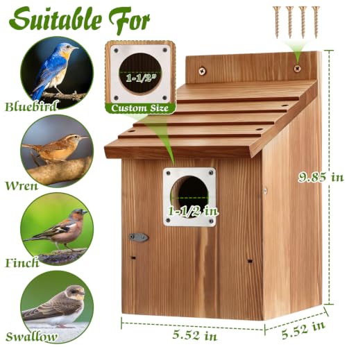 Dreyoo 4 Pack Bluebird Houses for Outside with Metal Predator Guard, 1-1/2" Entrance Hole Wooden Blue Bird Houses for Outdoors, Bluebird Nesting Box(Burnt Wood) - color: Burnt Wood