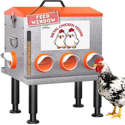 10-Gal Metal Automatic Chicken Feeder with No-Waste Feeding Tray | 55LB Capacity, 8 Feeding Ports, Rust-Proof Alloy Steel, Clear Viewing Window, Height-Adjustable Legs for Chicken Coops - color: Orange, size: 10GAL-55LB