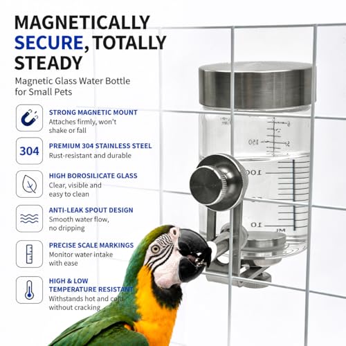 Glass Bird Water Feeder with Magnetic Holder – No Drip Cage Water Dispenser for Small Parrots & Birds, Automatic Drinking Bottle for Cockatiels, Budgies, Lovebirds, Conures(300ml4245-4) - size: L