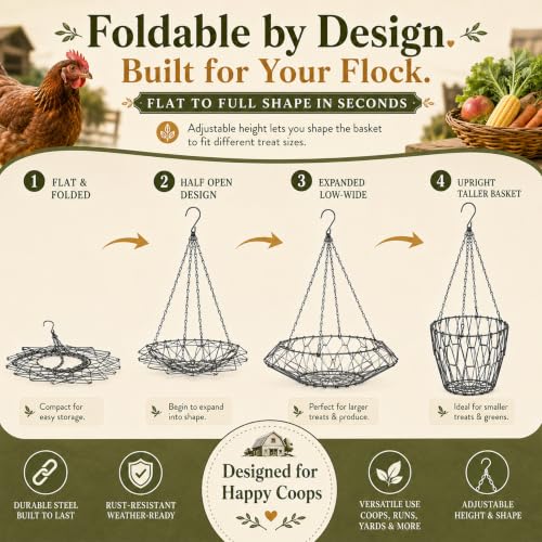 Hanging Chicken Feeder, 9.25IN Large Foldable Poultry Feeder Vegetable Fruits Basket with 4pcs Hanging Stainless Chain, Chicken Treat Holder Ball Boredom Toys for Chicken Hens Duck Coop, Black, 1 Pack - size: 1 Pack