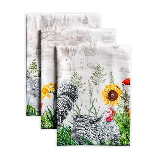 Maison d' Hermine Kitchen Towels Set of 3 Reusable 100% Cotton 27.50" x 20" | Cloth Tea Dish Towels Absorbent with Hanging Loop for Kitchen Dining Party Wedding Hotel Home Spring Summer - Basse Cour - color: 026 - Basse Cour
