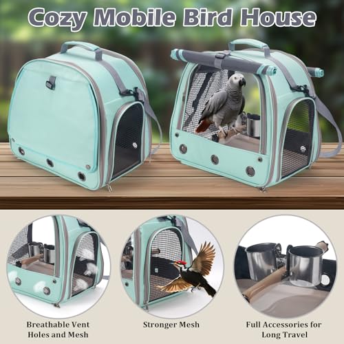 Bird Carrier Parrot Travel Cage with Perch, Food Bowl, Tray and Breathable Clear Window, Bird Travel Bag for African Gray Cockatiel Caique Conure Quaker, for Vetting Camping Hiking (Blue) - color: Blue