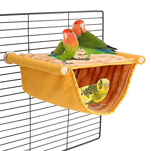 BWOGUE Bird Nest Bed Hanging Hammock, Parakeet Bed for Cage, Cockatiel Bed | Warm Fleece Snuggle Hut, Double-Layer Comfort, Wooden Perch Setup, Washable Hammock - color: Yellow, size: Medium (9"x7.2")