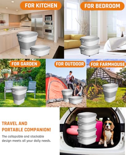 28-30lbs Collapsible Dog Food Storage Container,Airtight Dog Food Container | Pet Food Storage Container with Double Seal Lid,Wheels,Multifunctional for Dog,Cat,Rice,Flour,Scoop &Small Container - color: Grey-30lbs