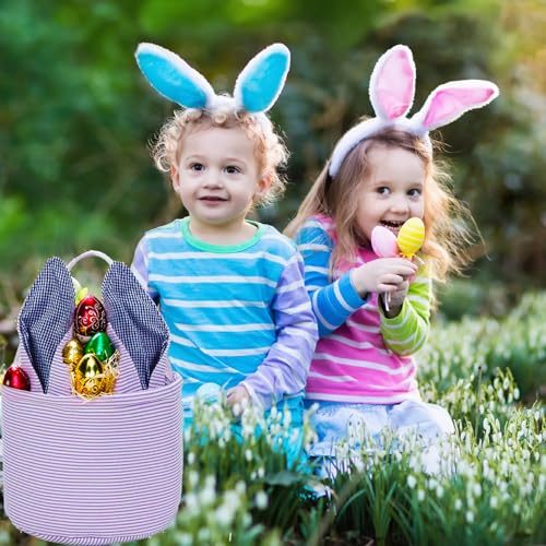 Easter Basket Seersucker Egg Hunt Bunny Baskets for Kids with Cute Rabbit Ears Stripe Storage Gifts Candies Personalized Easter Party Gifts.…… - color: Bspurple0
