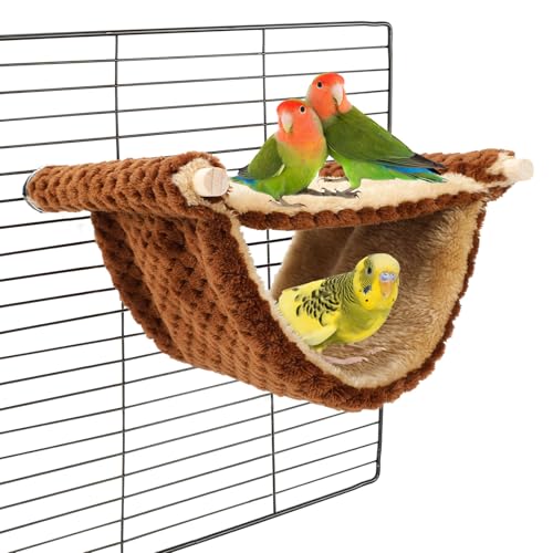BWOGUE Bird Nest Bed Hanging Hammock, Parakeet Bed for Cage, Cockatiel Bed | Warm Fleece Snuggle Hut, Double-Layer Comfort, Wooden Perch Setup, Washable Hammock - color: Coffee, size: Medium (9"x7.2")