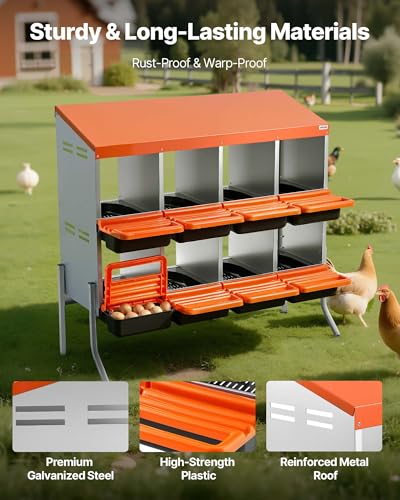 VEVOR Chicken Nesting Boxes, 8 Compartments, with Support Legs, Easy Egg Collection, Galvanized Steel and High-Strength Plastic, Roll Away Nesting Boxes for Chickens and Hens Laying Eggs, Orange - size: 41.7"L x 20.7"W x 39.0"H