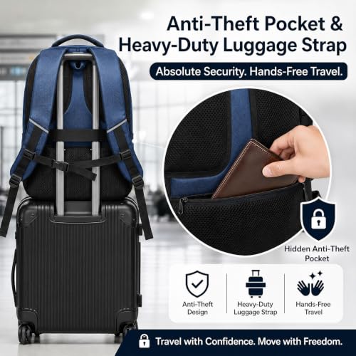 Amovee Travel Laptop Backpack 17.3 Inch, Water Resistant Anti-Theft Computer Bag with Hidden Pocket & Luggage Strap, Airline Approved Carry-On Bookbag for Men Women, Perfect for Flying & Vacation - color: Navy Blue