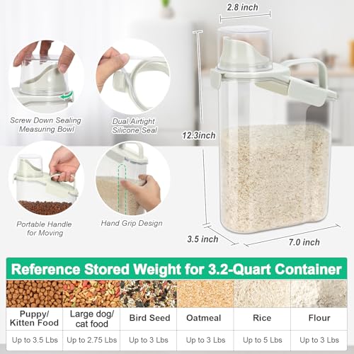TBMax Rice Container Cereal Storage Container 2 Pack 3.2-Quart, Kitchen Pantry Dry Food Storage Holder with Easy-Pouring Spout & Handy Cup, Small Pet Dog Cat Food Dispenser for Daily Feeding - color: Beige 3.2+3.2Qt