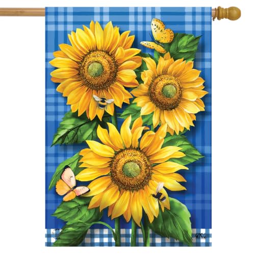 Blue Sunflowers Summer House Flag Plaid Floral 28" x 40" Briarwood Lane - color: Blue Sunflowers