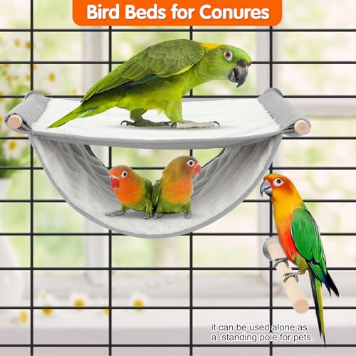 BWOGUE Bird Nest Bed Hanging Hammock, Parakeet Bed for Cage, Cockatiel Bed | Warm Fleece Snuggle Hut, Double-Layer Comfort, Wooden Perch Setup, Washable Hammock - color: Grey, size: Large (13.56"x9.2")