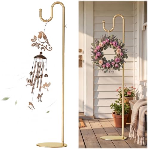 74" Shepherds Hook Stand: Hanging Wind Chimes, Bird Feeders, Plants, Gold | Adjustable, Heavy Duty Base, Free Standing Pole Holder for Indoor & Outdoor, Holds Up to 20 LBS - color: Gold