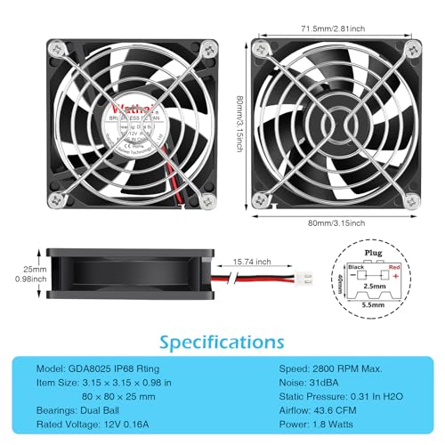 Wathai 2PCS IP68 80mm x 25mm 12V Waterproof Cooling Fan DC 12v Exhaust Fan | High Airflow Dual Ball DC 12v Exhaust Fan 2Pin for DIY RV Fridge Refrigerator Solar Battery Box Cabinet Ventilation Cooling - style: IP68 80mm