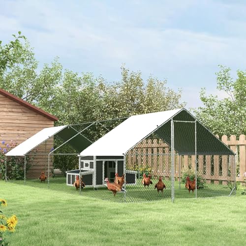 PawHut Large Chicken Coop Metal Chicken Run with Waterproof and Anti-UV Cover, Spire Shaped Walk in Fence Cage Hen House for Outdoor and Yard Farm Use, 1" Tube Diameter, 9.8' x 26.2' x 6.6' | Metal Chicken Run, Lockable Door, Spire Shaped Walk in Hen Hous