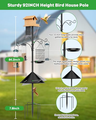 Bird Feeder Pole,92 Inch Bird Feeder Stand,Heavy Duty House Poles with Squirrel Proof Baffle, (House Not Include)