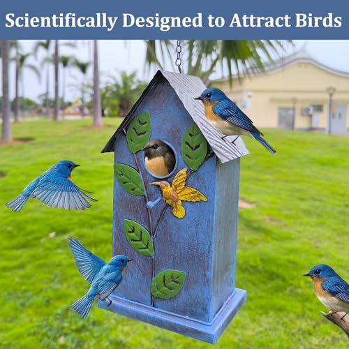 Metal Bird House for Outside - Elegant & Durable Hanging Birdhouse with Rustic Brown Roof & Vibrant Blue Design - Includes S-Hook for Easy Hanging (23.46in Tall)