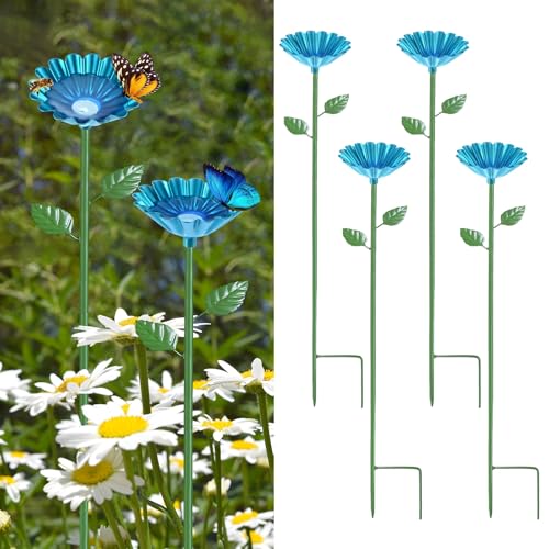 M METERXITY 4-Pack Bee Watering Station, 64cm/25 Inch Iron Bee Bath for Garden Water Feeder, Colorful Butterfly Bath Bowl for Outdoor/Garden/Yard Decor [Blue] - color: Blue