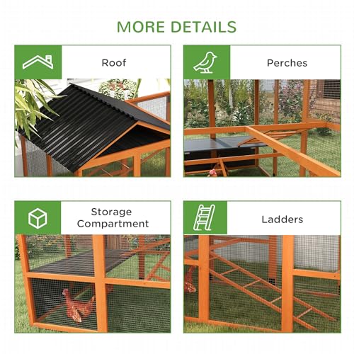 PawHut Wooden Chicken Coop Run for 6-10 Chickens 141.75" x 48" x 61" Orange | Hen House, Poultry Cage Add-On, Storage, Perches - color: Orange