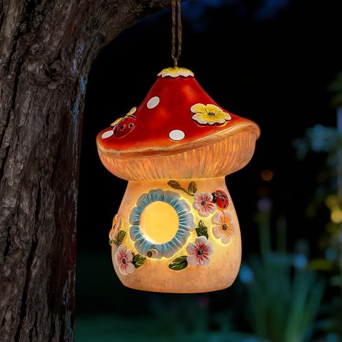 Garden Bird Houses for Outside with Solar Light, Bird Houses for Outside Hanging, Decorative Mushrooms Birdhouse for Bluebird Hummingbird Sparrow, Hummingbird Gifts for Women