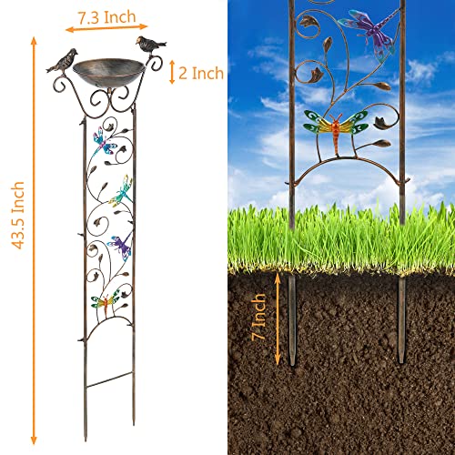 SUNNYPARK 43.5 Inch Metal Bird Bath Bowl with Garden Trellis Outdoor | Easy install, Garden birdbath and Plants Trellis 2 in 1, Decorative with Dragonfly, Functional Decor for Yard Patio Lawn - size: Dragonfly