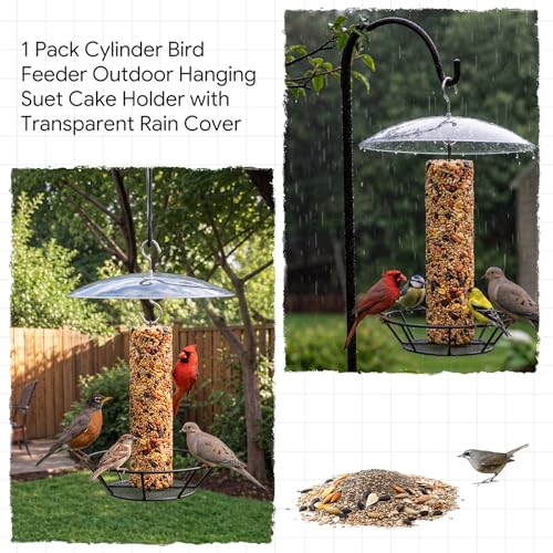 1 Pack Cylinder Bird Feeder Outdoor Metal Seed Cake Feeder with Clear Rain Proof Cover Hanging Chew-Proof Backyard Wild Bird Feeding Feeders for Outdoors Garden(Mesh Bottom) - style: Mesh Bottom