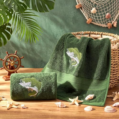 SmoothNovelty 2 Pcs Fishing Hand Towels for Bathroom Decor 14x29 Inch | Embroidered Bathroom Hand Towels, 100% Cotton, Soft Absorbent, Spring Summer Bathroom Kitchen Decor - style: Fishing Hunting