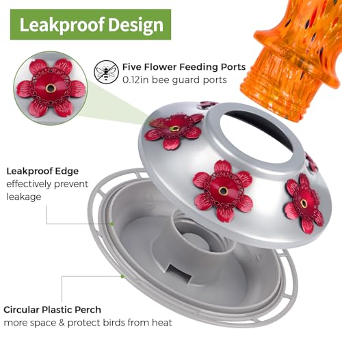 Glass Hummingbird Feeders for Outdoors Hanging with ant Moat, Orange | Hand Blown, 24oz, 5 Bee-Proof Ports, 360° Perch, Leak-Proof, Easy Refill & Clean, Garden Decor, Gifts for Mom Dad Women Men - color: Orange Fireworks