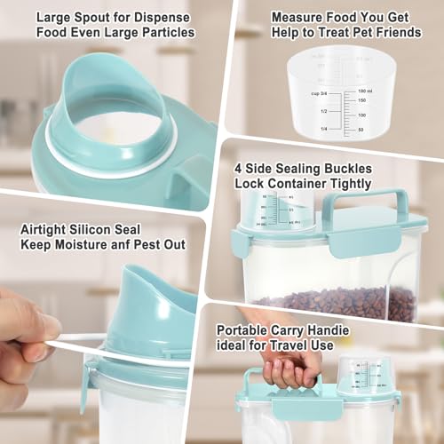 Dog Cat Food Storage Container with Cup (Light Blue, 5L) | Pet Food Pourable Container Airtight with Large Spout, BPA-Free Plastic Food Dispenser for Pet Food, Bird Seed, Rice, Flour - color: Light Blue, size: 5L
