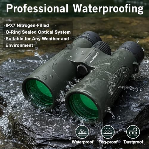 Aurosports 15x52 Waterproof Binoculars for Adults Hunting Binoculars Green | IPX7 Nitrogen-Filled, HD Optical System, BAK4 Prism, FMC, Low Light Vision, Bird Watching, Cruise, Travel, Stargazing - color: Green