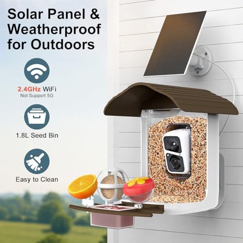 birdsnap® PAV Bird Feeder with Camera Solar Powered 2K Live Video 64GB Card | AI Bird Species Identification, Instant Arrival Alerts, IP65 Waterproof, Wild Bird Feeders for Outdoors, Gift for Bird Lovers - color: Dark Brown