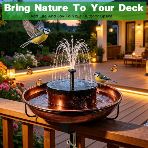Deck Mounted Metal Bird Bath with Solar Fountain, Oval Clamp-On Bird Bath for Railing up to 3.9 Inch, Adjustable Balcony Birdbath for Patio Garden Yard Deck