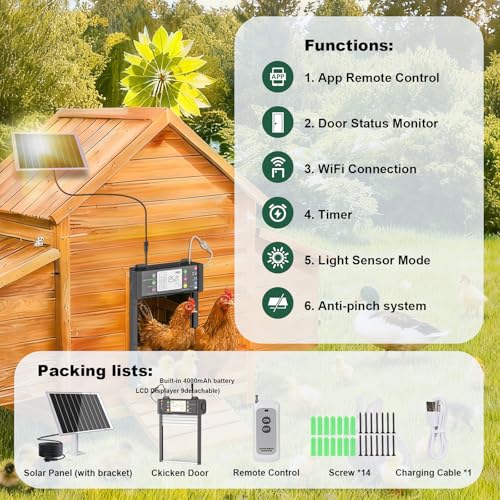 Automatic Chicken Coop Door, Smart TUYA APP Controlled, WiFi Enabled, Door Status Detection, Solar Powered, Anti Pinch, Auto Chicken Door with Timer & Light Sensor, LCD Display, 5 Modes