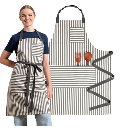 Chef Aprons for Women with Pockets, Adjustable Bib Aprons for Cooking - color: Charcoal Striped